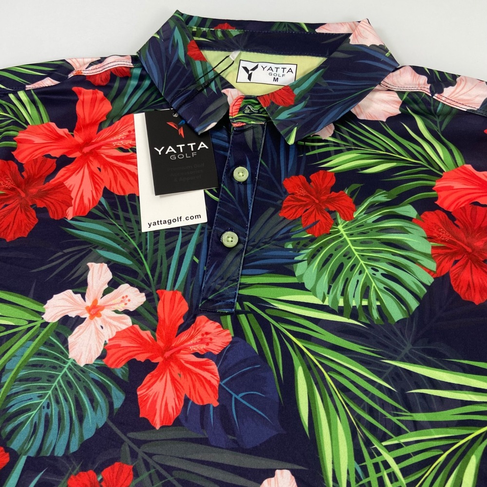 Yatta Golf Mens M Navy Jungle Hibiscus Polo New‎ Tropical Floral Performance